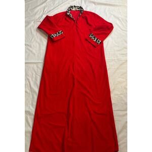 Vintage Vanity Fair Red Quarter-Zip Robe with Leopard Cuffs and Collar, Size 14